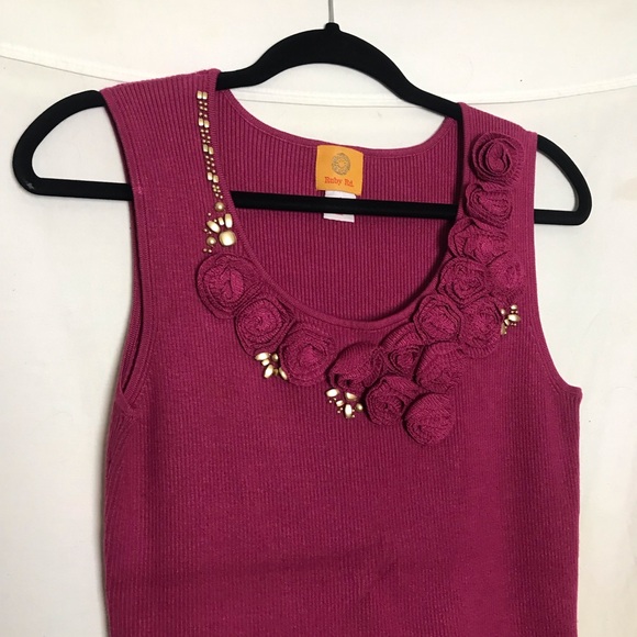 Ruby Rd. Pink Gold Studded Cardigan 3D Flower Detail Tank Set Womens Sz L Artsy - Picture 7 of 9